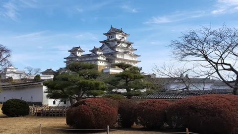 青空と白壁の城影
