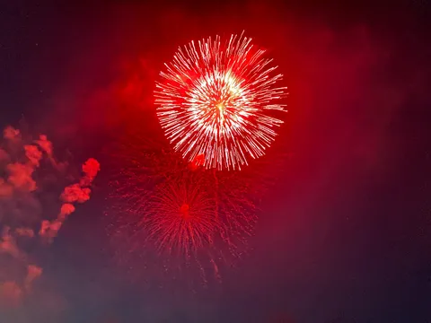 夜空に咲く、鮮烈な紅い花火
