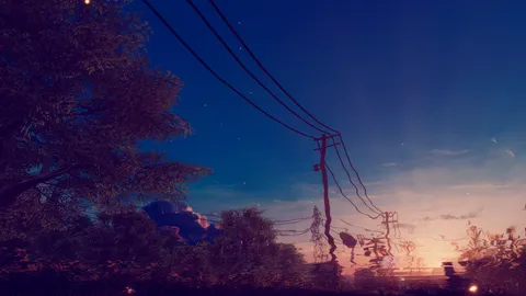 夕暮れ、水面に映る電線