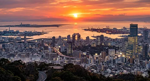 昇るか沈むか、夕日の都市
