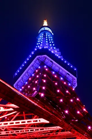 夜空に灯る東京タワーの赤と青