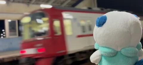 列車を見つめるぬいぐるみ