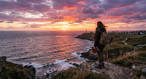 海辺の灯台と夕焼け