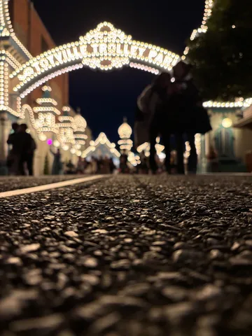 光のトンネルと夜の散歩道