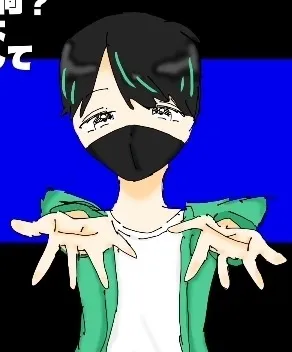 青バックに伸びる指先とマスクの余白