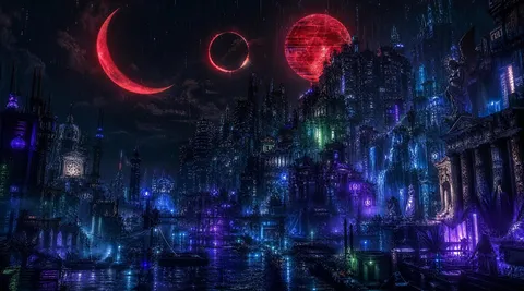 赤い月夜の水上都市