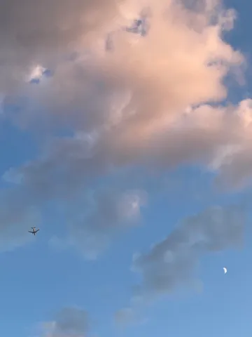 夕空に浮かぶ飛行機と月