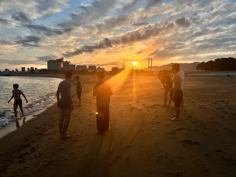 夕陽が包む、水辺の仲間たち
