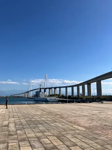 青空に映える巨大な橋と船
