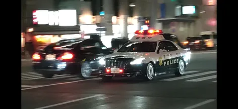 夜の道を駆ける日本のパトカー
