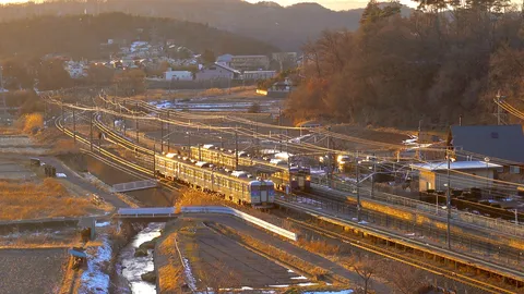 黄金の光が照らす、冬の鉄道風景