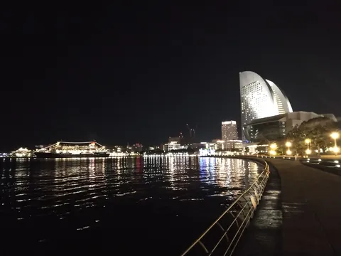 夜景に映える船とビル群