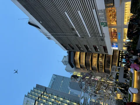 飛行機が横切る都会の夜