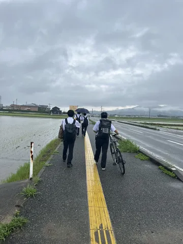 雨上がりの通学路、田園風景と仲間たち