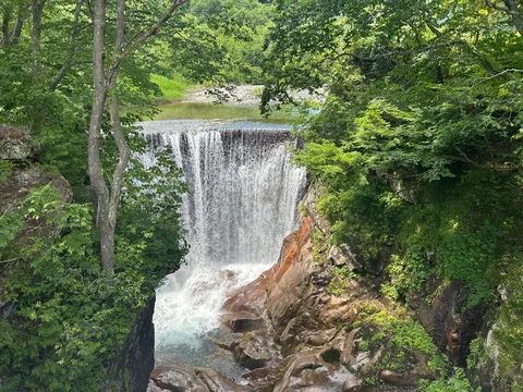 新緑に包まれた水しぶきの滝