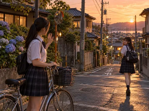 夕暮れの自転車と紫陽花