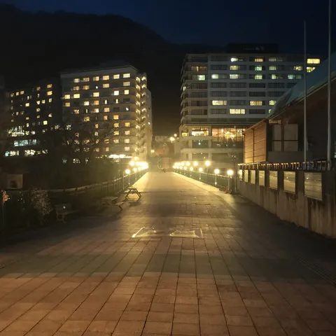 夜の灯りが導く静かな歩道