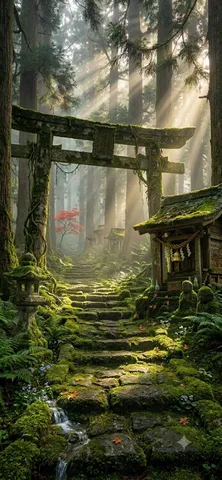 苔むす森、鳥居と石段の小道