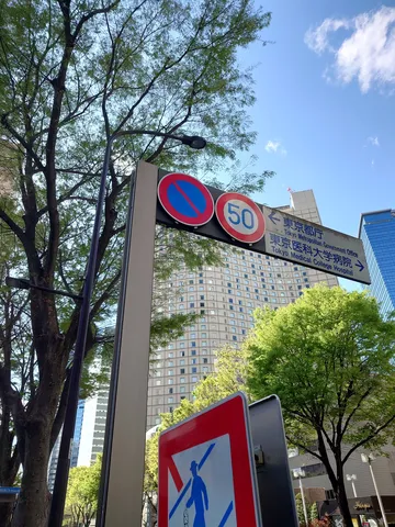 都市の標識と新緑の空