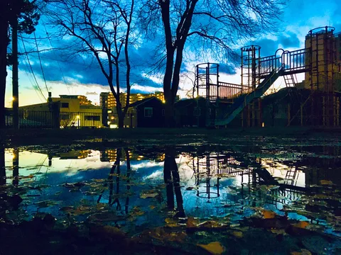 水たまりに映る夜の公園