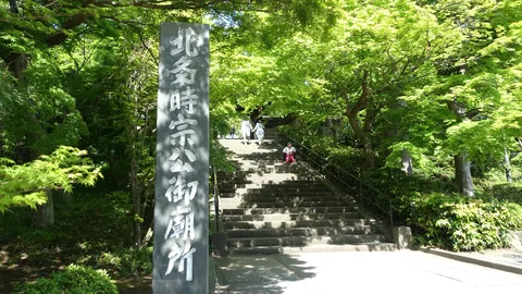 緑陰の石段と刻字柱