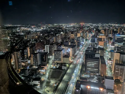 光の波が広がる都市の夜景