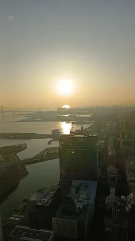 港湾都市の夜明け、建設中のビル
