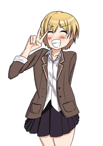 制服でピースサイン、満面の笑み