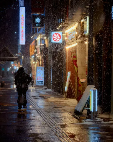 雪降る夜のネオン街、一人佇む影
