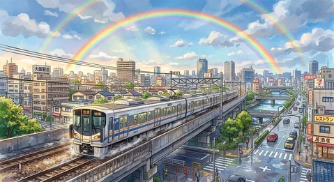 虹が架かる街、列車は進む
