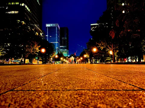 都会の夜景、石畳の輝き
