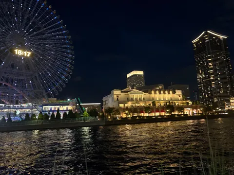 夜景に浮かぶ観覧車と高層ビル