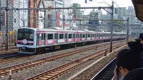 架線の向こうのピンク電車