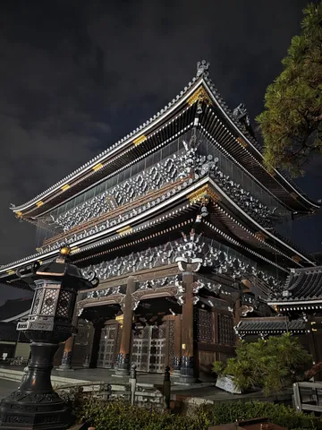 闇夜に浮かぶ、荘厳な寺院の灯り