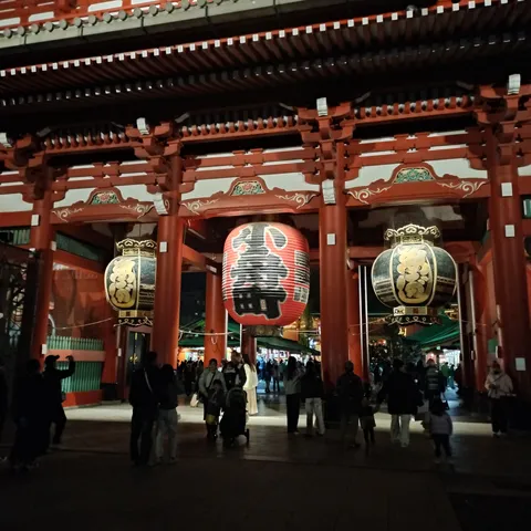 赤い門と灯籠の夜景