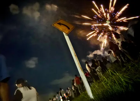 標識越しの夜空を彩る花火