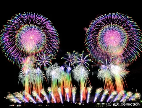 夜空を彩る虹色の光のシャワー