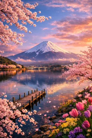 桜舞う富士と湖畔の絶景