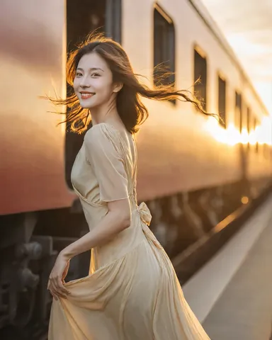 夕陽と列車、風と少女