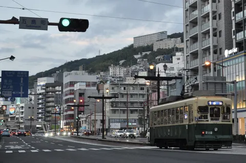 ノスタルジックな路面電車と都会の風景