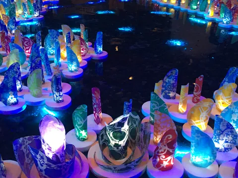 夜の水面を彩るカラフルアート
