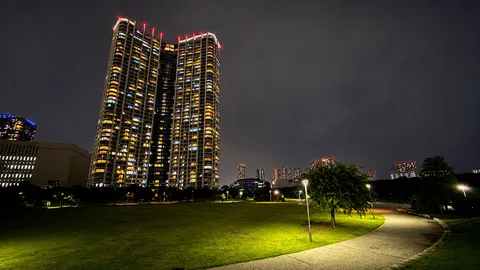 夜の芝生に灯る窓