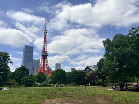 青空と東京タワー、公園の賑わい