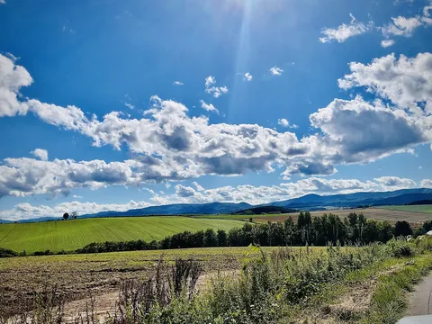 青空と広がる雲、輝く緑の丘