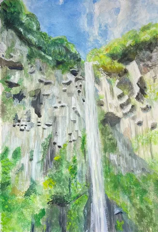 緑と光が織りなす滝の絵