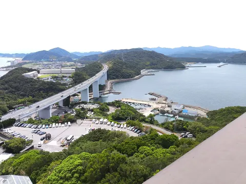 橋と青い海、緑のコントラスト