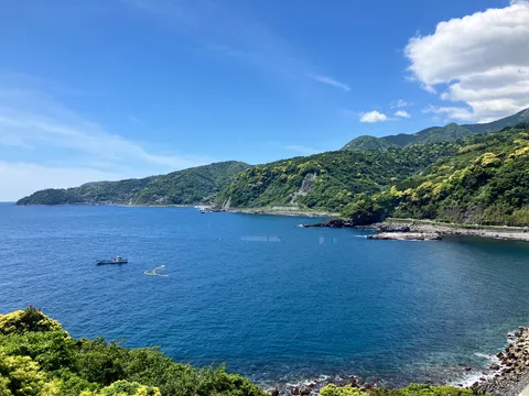 青い海と緑の山、船の休日