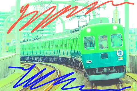 緑の電車とカーブする線路