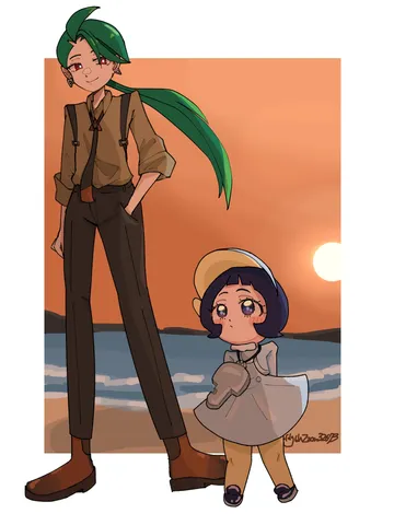 夕暮れの海岸で二人