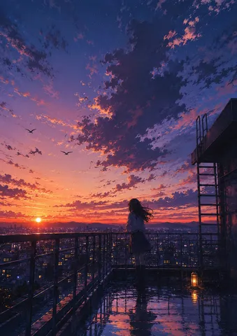 夕焼け空と少女のシルエット